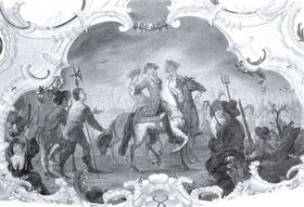 Das Hochstift Speyer im Bauernkrieg: Ende April 1525 verhandelt Bischof Georg im Kloster Herrenalb mit den Aufständischen und erreicht, dass sie ihr Einverständnis zu einer friedlichen Zusammenkunft in seiner Hauptstadt Udenheim erklären. Bereits einen Monat später aber wird die Revolution in Bruhrain und Kraichgau blutig niedergeschlagen, die Hauptleute sterben in Bruchsal unter dem Henkersbeil. Deckengemälde von Johannes Zick aus dem Jahre 1752 im Treppenhaus des Bruchsaler Schlosses, nach der Kriegszerstörung 1945 von Karl Manninger originalgetreu rekonstruiert. (Stadtarchiv Bruchsal)