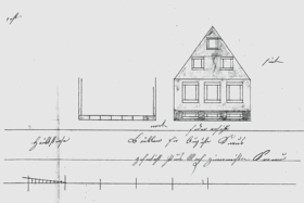 „Der Baublan für August Knaus, geferticht Pius Moch Zimmermeister Kronau“ zeigt die „foder ansicht und die Situation an der Haubtstrase“. Die Planungen wurden am 23. April 1874 vom Bezirksamt kommentarlos genehmigt.